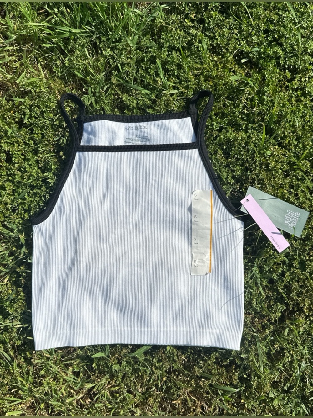 White Ribbed Crop Tank with Black Trim Accents